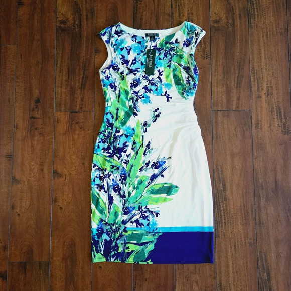Lauren Ralph Lauren Blue Green White Summer Floral Sleeveless Ruched Dress Sz 10 - Picture 3 of 9